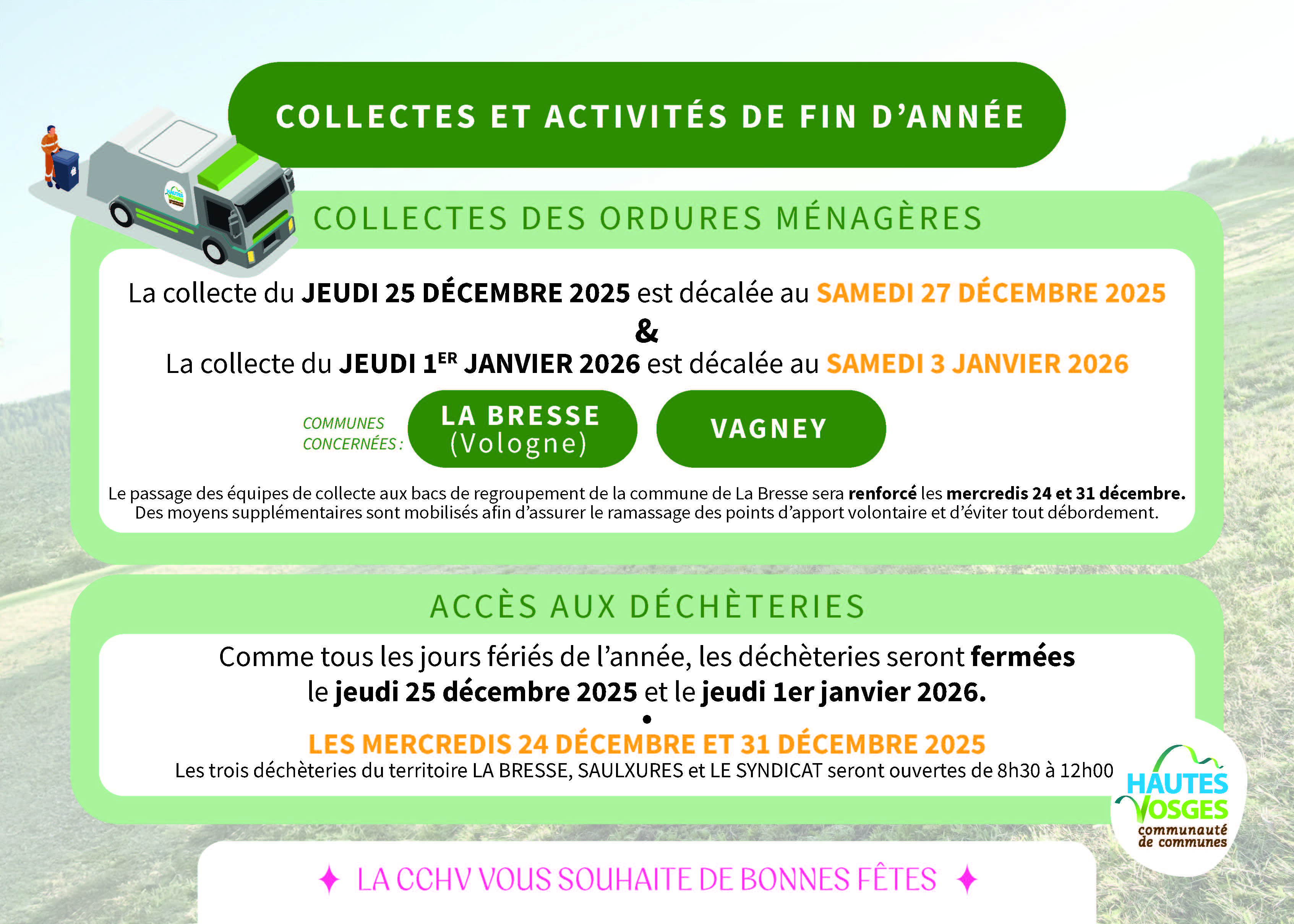 Collecte ordures ménagères /Déchèteries - Fin d'année 2025