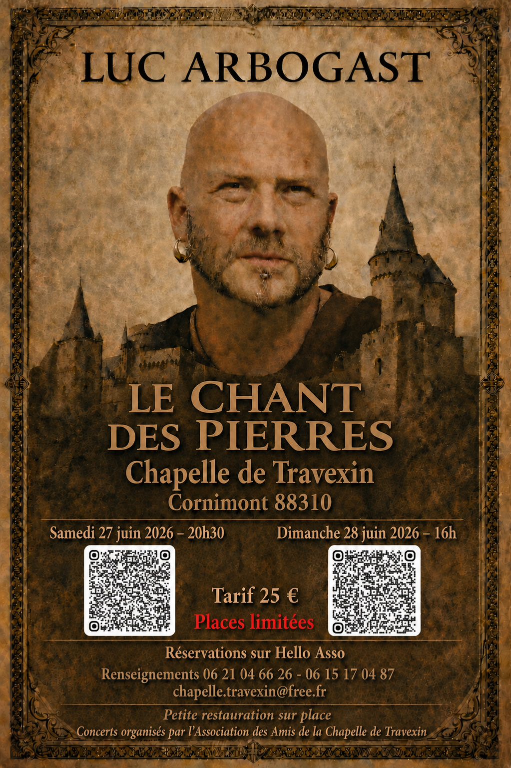 Concerts de Luc Arbogast à la Chapelle de Travexin les 27 et 28 juin 2026