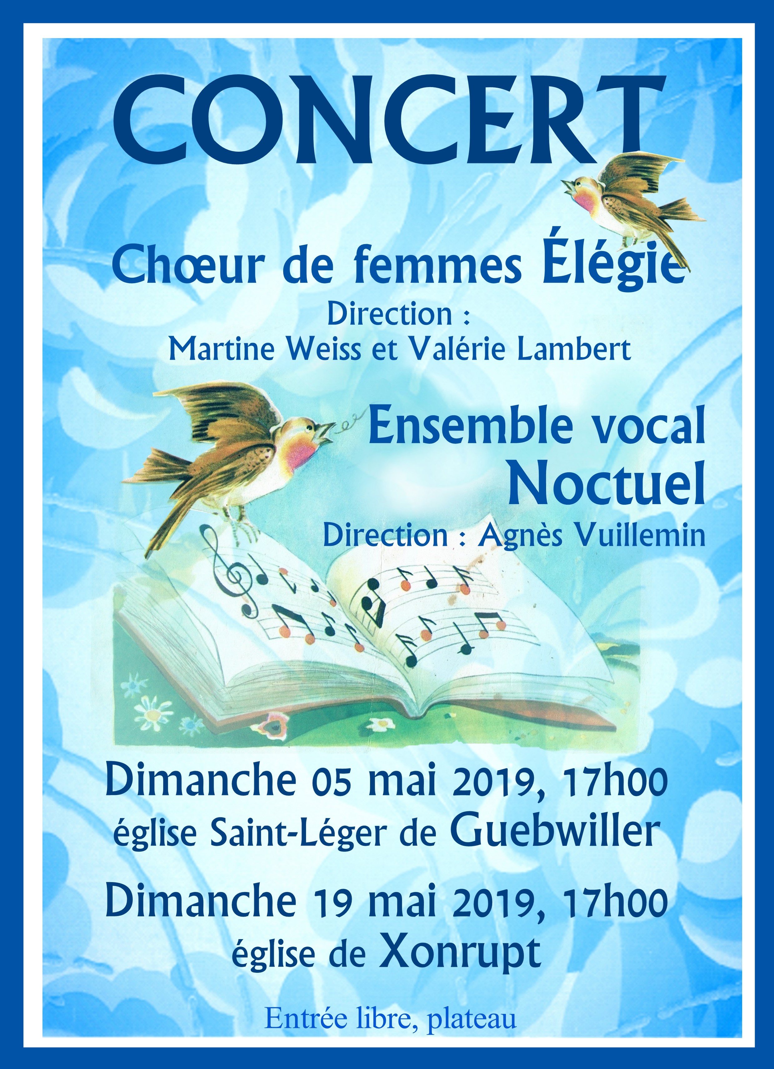 l'ensemble Noctuel en concert du dimanche 19 mai 2019 à 17 h à l'église de Xonrupt. Entrée libre